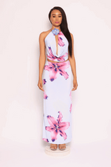 Orchid flower detailed halter top and maxi skirt set