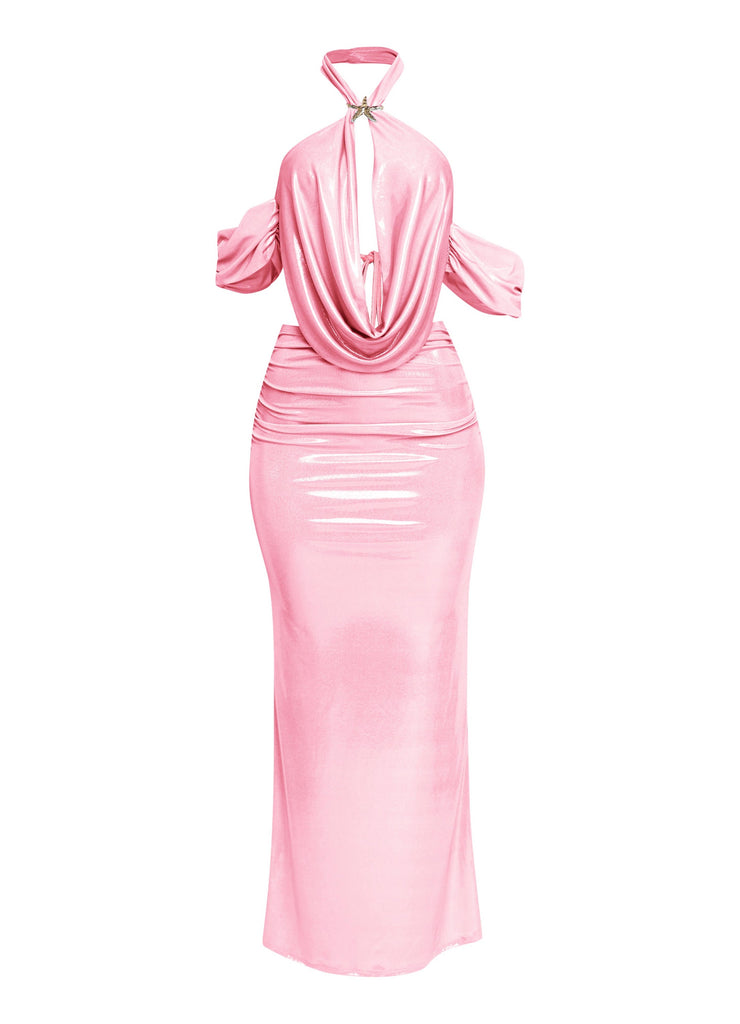Pink shimmer halter top and ruched maxi skirt co-ord with gold starfish trim

