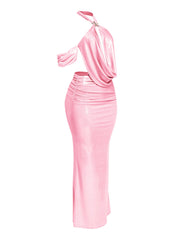 Pink sleeveless cowl neck top with open tie-back and maxi skirt in ruched bodycon fit

