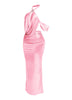 Back view of pink shimmer maxi set with draped top and stretch high waist skirt

