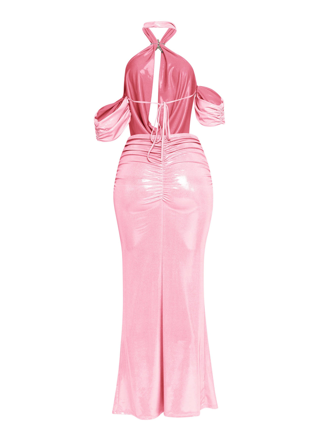Pink shimmer two-piece with flirty drape sleeves and mermaid-inspired silhouette

