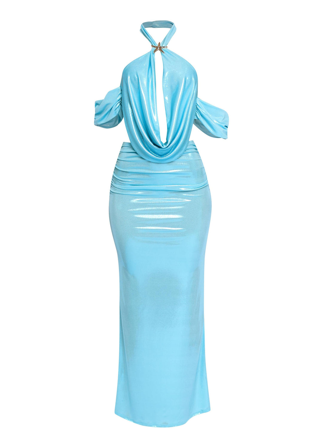 Aqua shimmer halter top and ruched maxi skirt set with gold starfish trim

