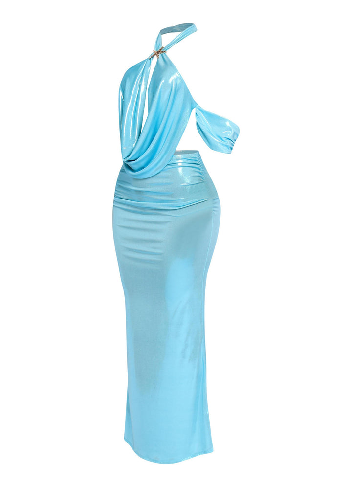 Aqua two-piece cowl top and maxi skirt with mermaidcore shine and stretch fit

