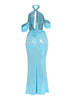 Back view of aqua shimmer maxi skirt set with halter neckline and draped sleeves

