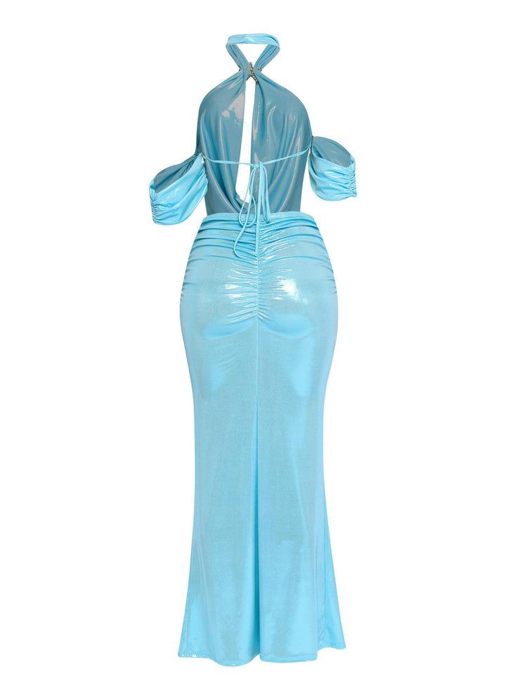 Back view of aqua shimmer maxi skirt set with halter neckline and draped sleeves

