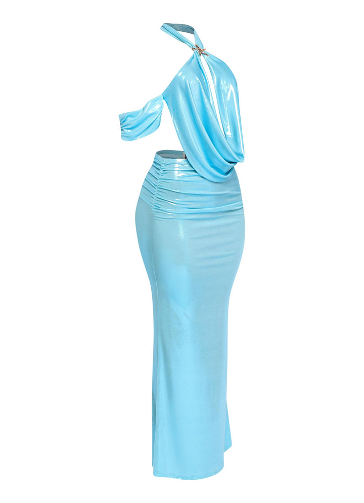 Aqua sleeveless cowl neck top with open back and tie detail paired with ruched bodycon skirt

