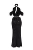 Back view of black shimmer two-piece set with waist tie and curve-hugging silhouette

