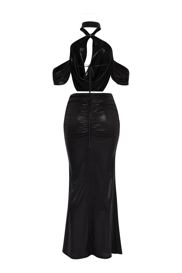 Back view of black shimmer two-piece set with waist tie and curve-hugging silhouette

