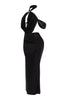 Black halter maxi set with dramatic drape and glam metallic finish for night luxe style

