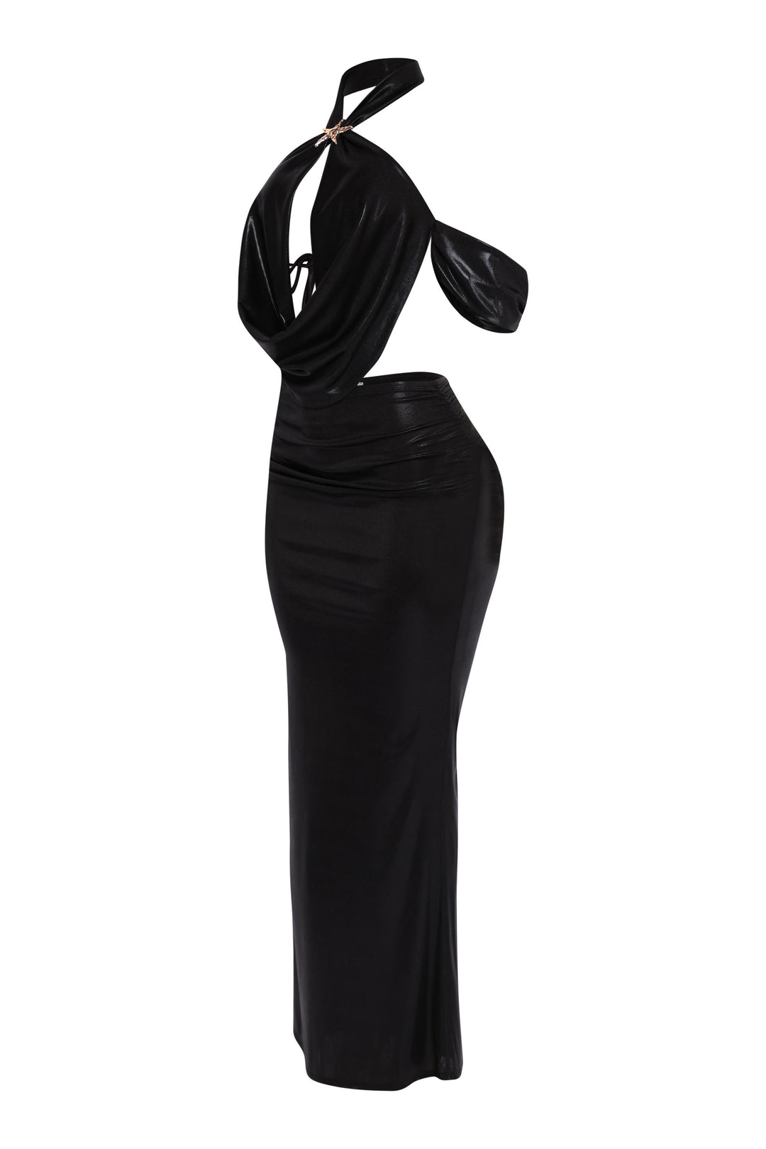 Black halter maxi set with dramatic drape and glam metallic finish for night luxe style

