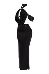 Black halter maxi set with dramatic drape and glam metallic finish for night luxe style

