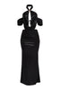 Black shimmer halter top and ruched maxi skirt set with gold starfish embellishment

