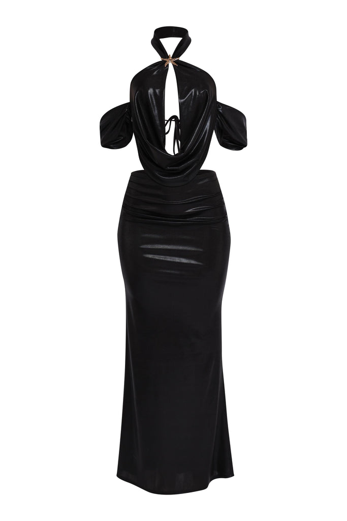 Black shimmer halter top and ruched maxi skirt set with gold starfish embellishment

