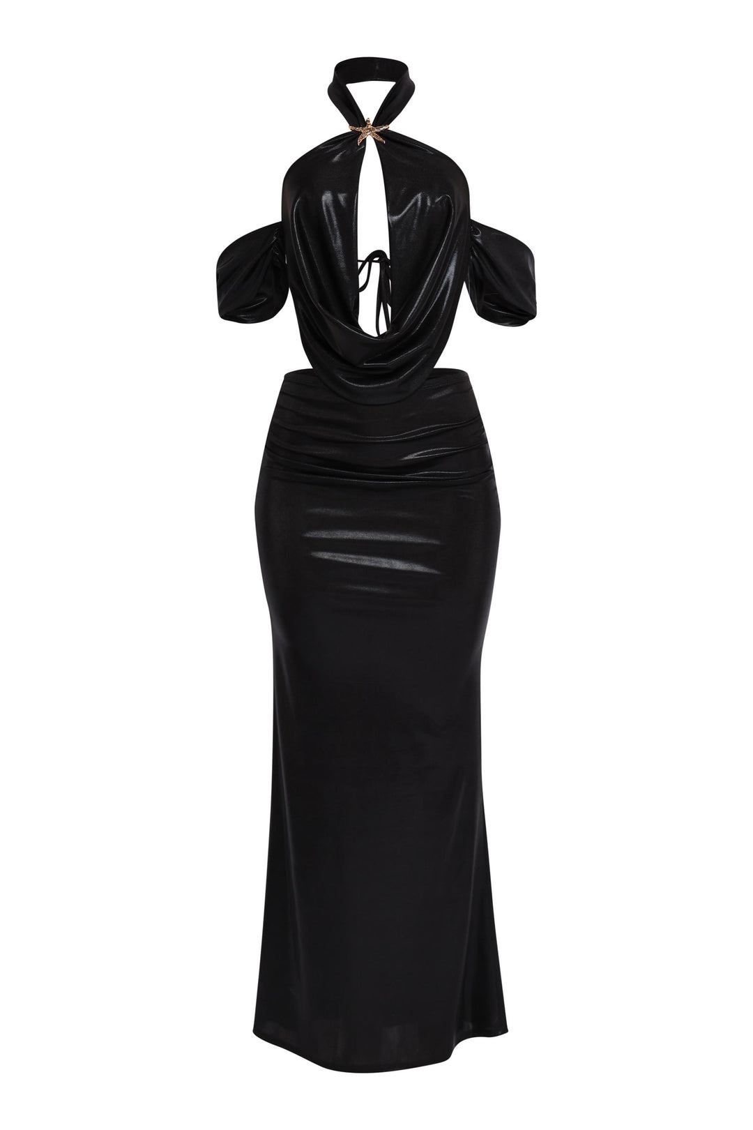 Black shimmer halter top and ruched maxi skirt set with gold starfish embellishment

