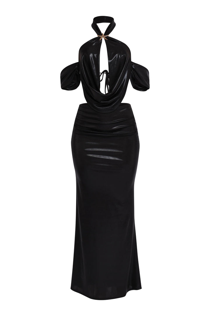 Black shimmer halter top and ruched maxi skirt set with gold starfish embellishment

