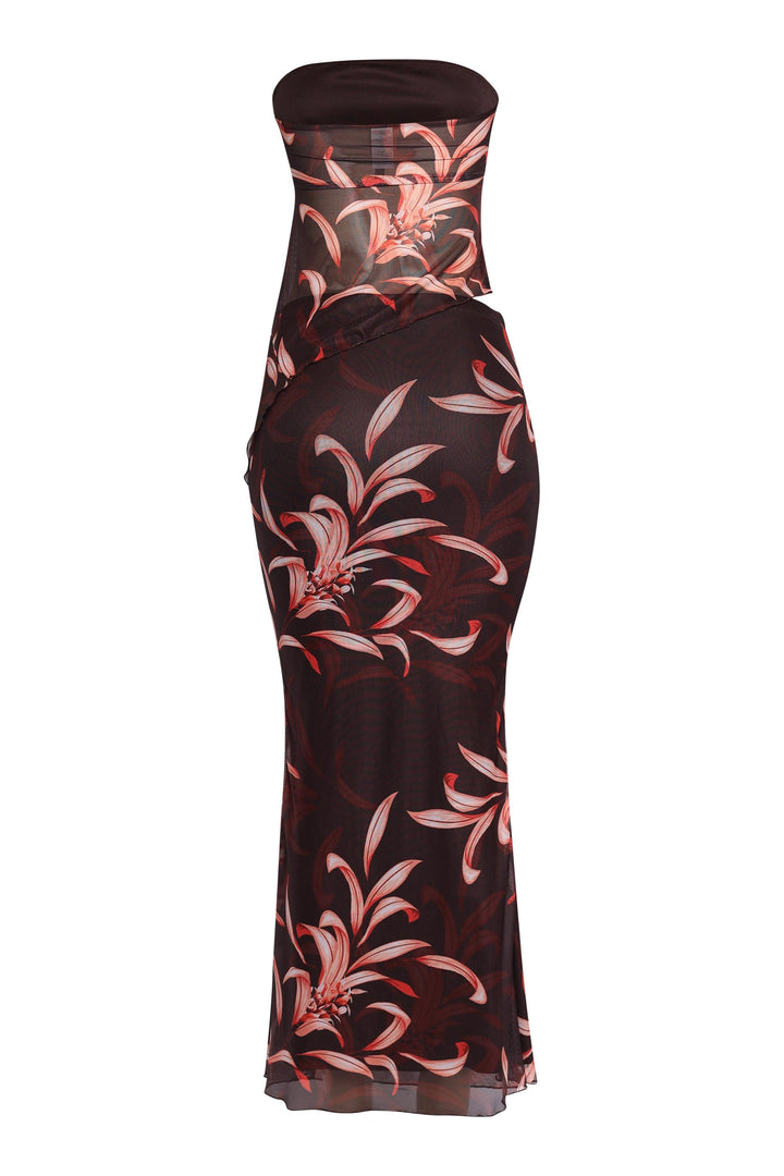 Stretchy burgundy co-ord set with dark abstract pattern and soft shimmer

