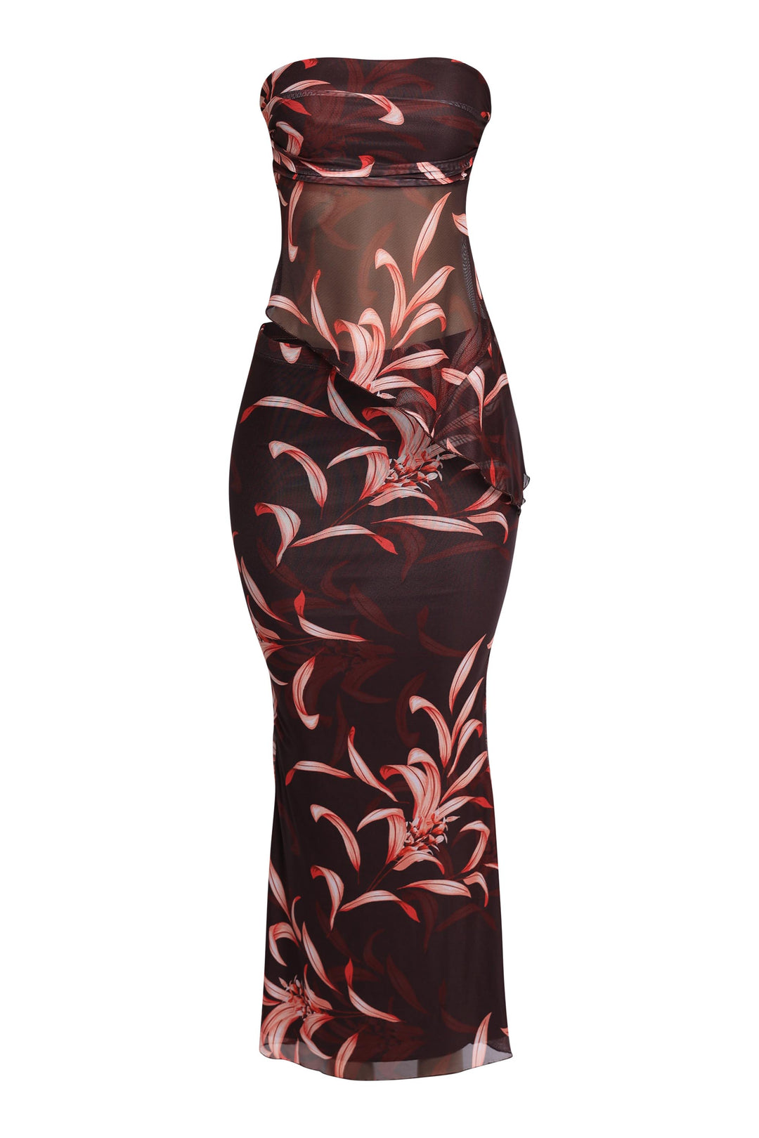 Burgundy mesh tube top with ruched texture and flared hem skirt