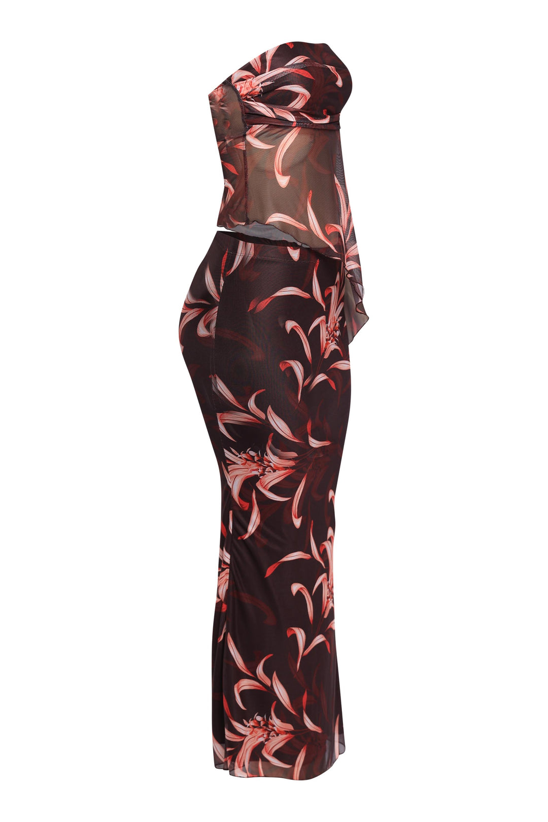 Sheer burgundy two-piece mesh set with unique tie-back top