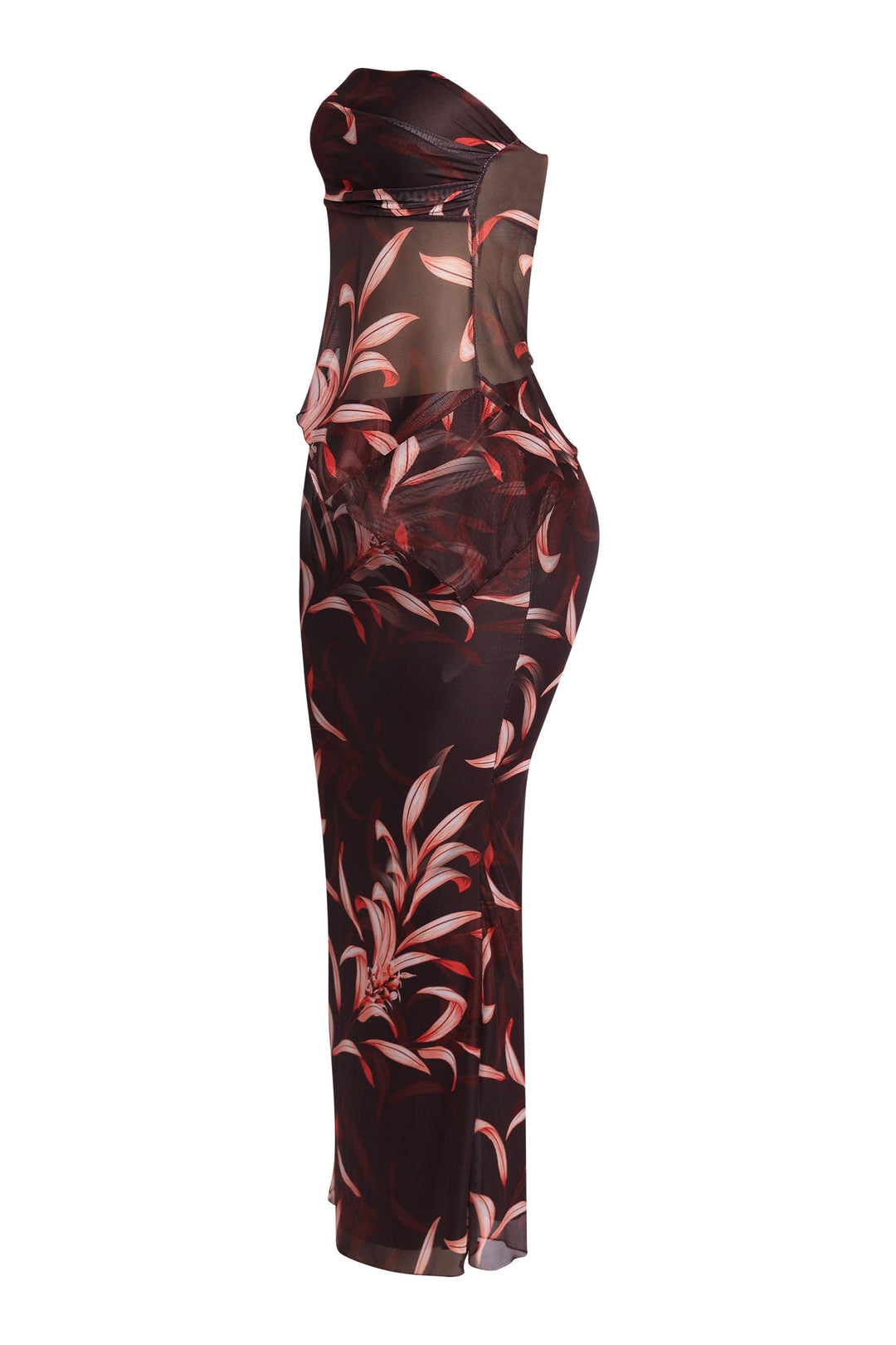 Printed burgundy mesh set with figure-hugging skirt and asymmetrical top