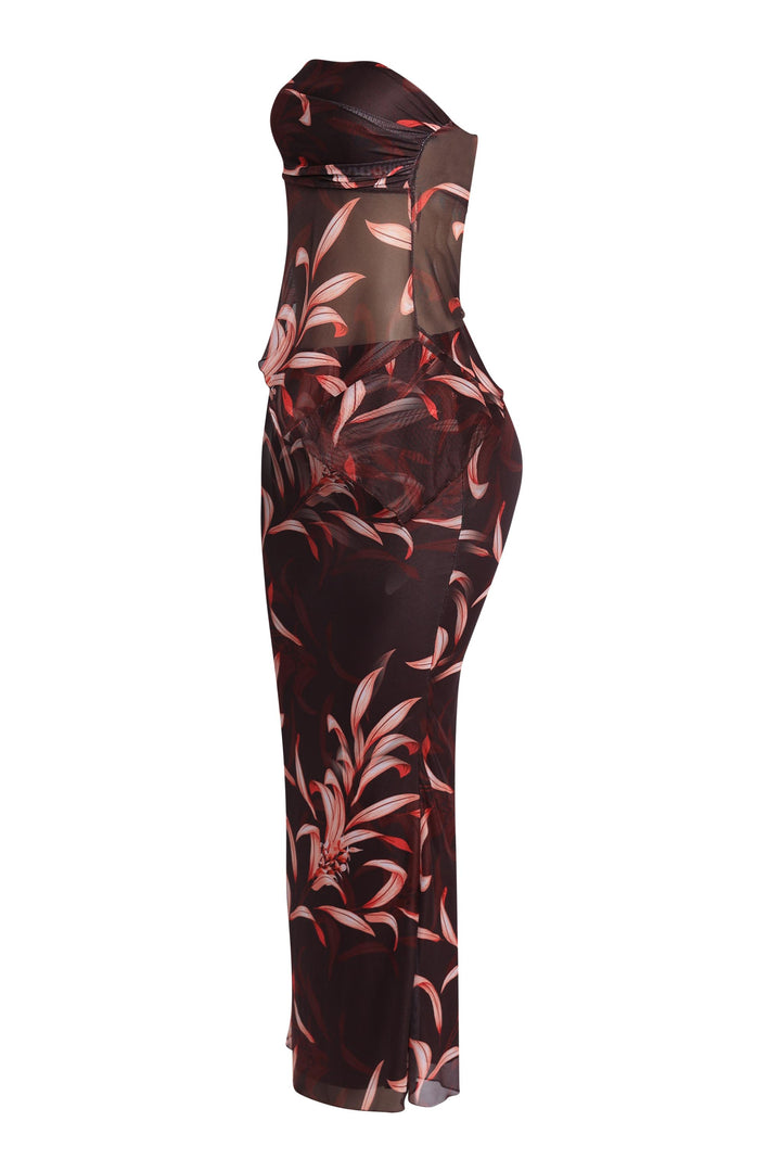 Printed burgundy mesh set with figure-hugging skirt and asymmetrical top