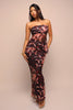 Front view of strapless red floral mesh maxi set with asymmetrical hem top and flared skirt