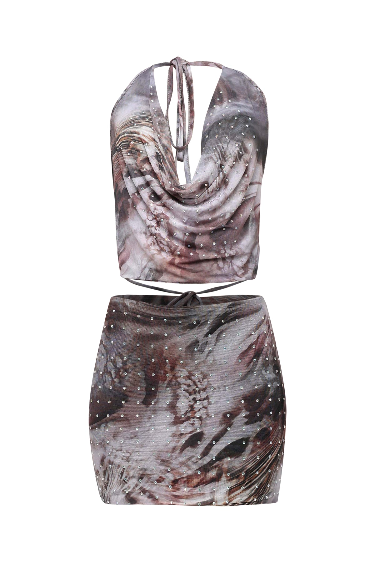 Two-piece outfit with a patterned top and skirt on a white background