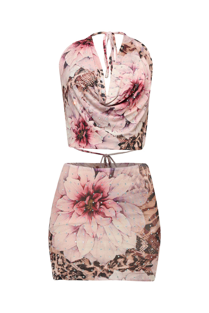 Front view of pink flower mesh two-piece outfit featuring a slim fit and pull-on style