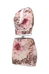 Floral print halter set with snake pattern, cowl neck top and short skirt in soft stretch mesh