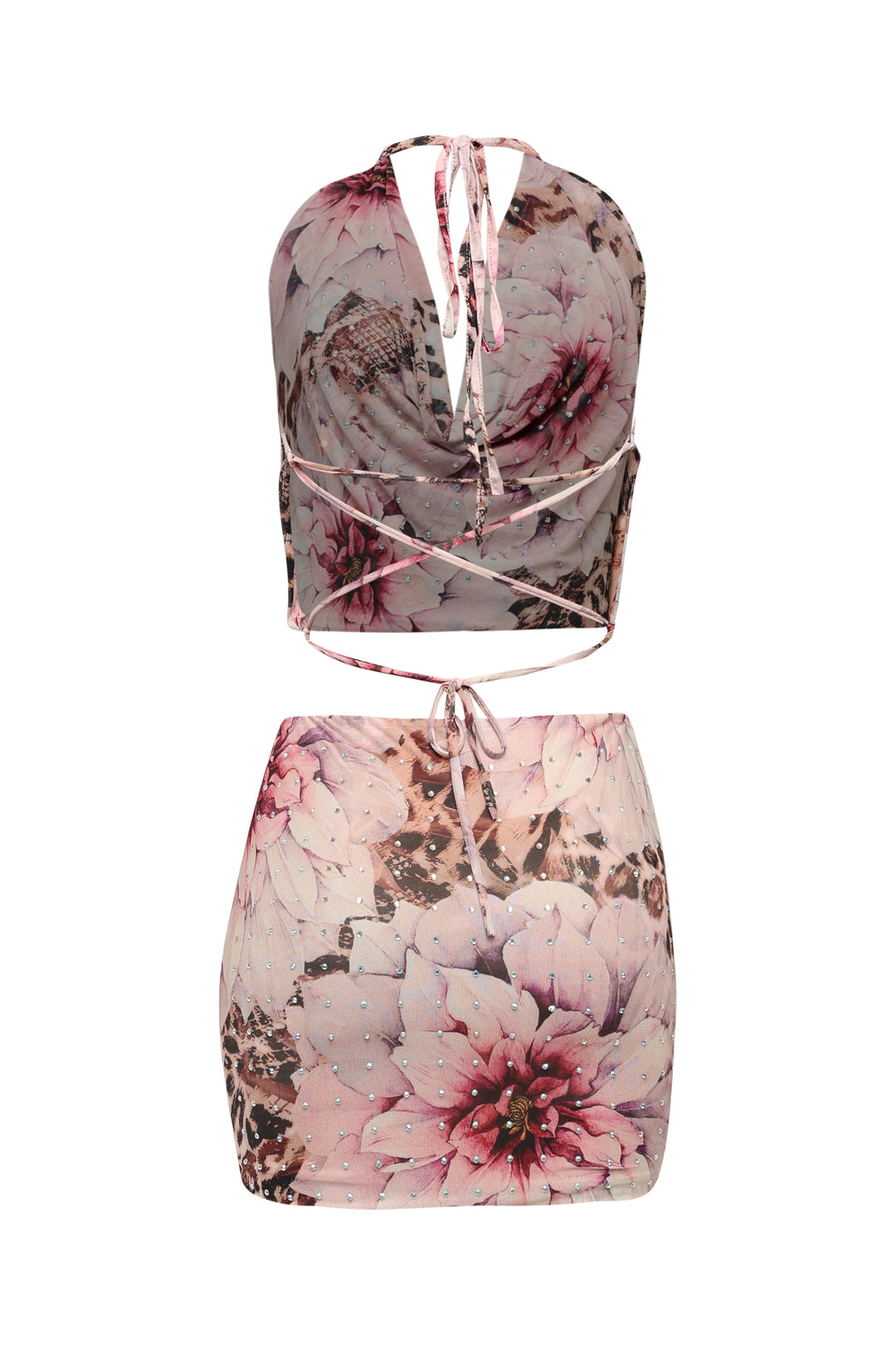 Back view of pink mesh skirt set with open tie back and bold floral placement print