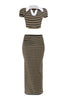 Black yellow striped crop top and maxi skirt set with collared neckline

