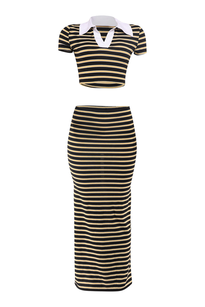 Black yellow striped crop top and maxi skirt set with collared neckline

