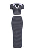Navy mint striped two-piece set with long sleeve crop top and maxi skirt


