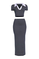 Navy mint striped two-piece set with long sleeve crop top and maxi skirt



