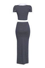 Collared navy mint crop top and striped maxi skirt outfit

