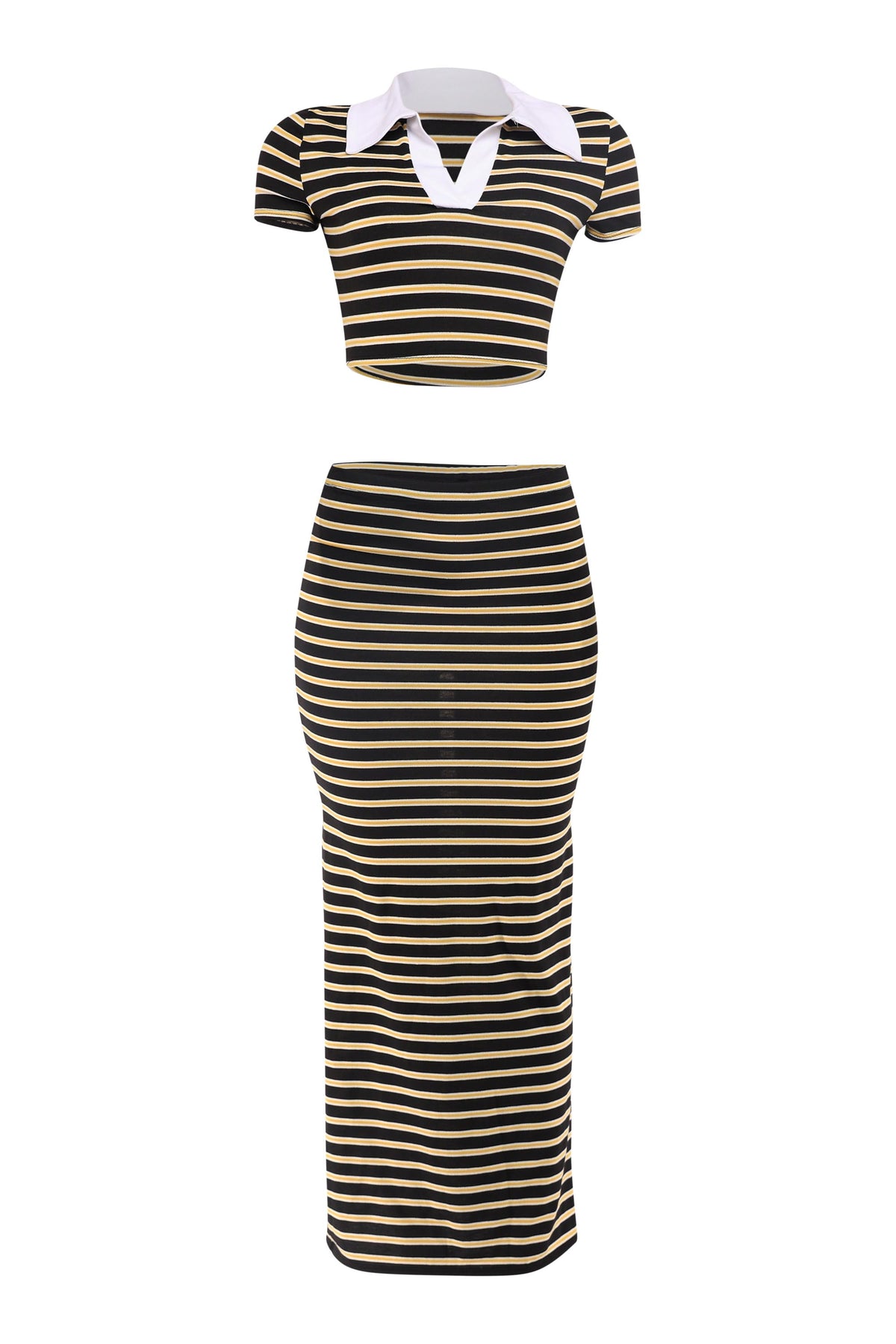 Black yellow striped crop top and maxi skirt set with collared neckline

