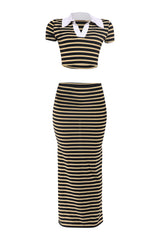 Black yellow striped crop top and maxi skirt set with collared neckline

