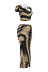 Long sleeve black yellow striped skirt set with flattering stretch fit

