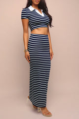 Weekend Vibe Striped Maxi Skirt Set - Navy/Mint