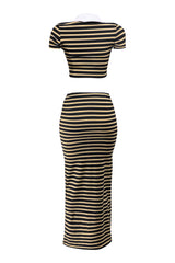 Trendy fall striped co-ord set in black yellow with cropped top

