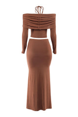Brown off-shoulder top and skirt set on a white background