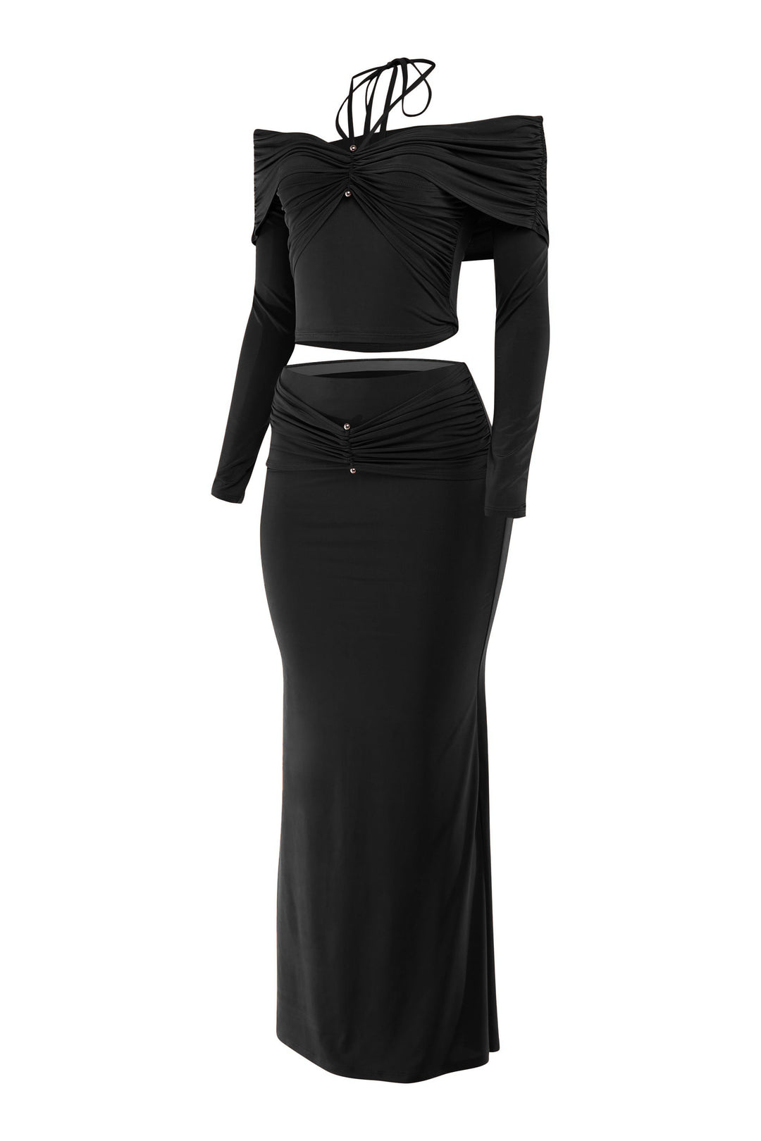 Black off-shoulder top and skirt set on a white background