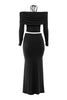 Black off-shoulder dress with ruched detailing on a white background