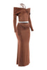 Brown off-shoulder top and skirt set on a white background