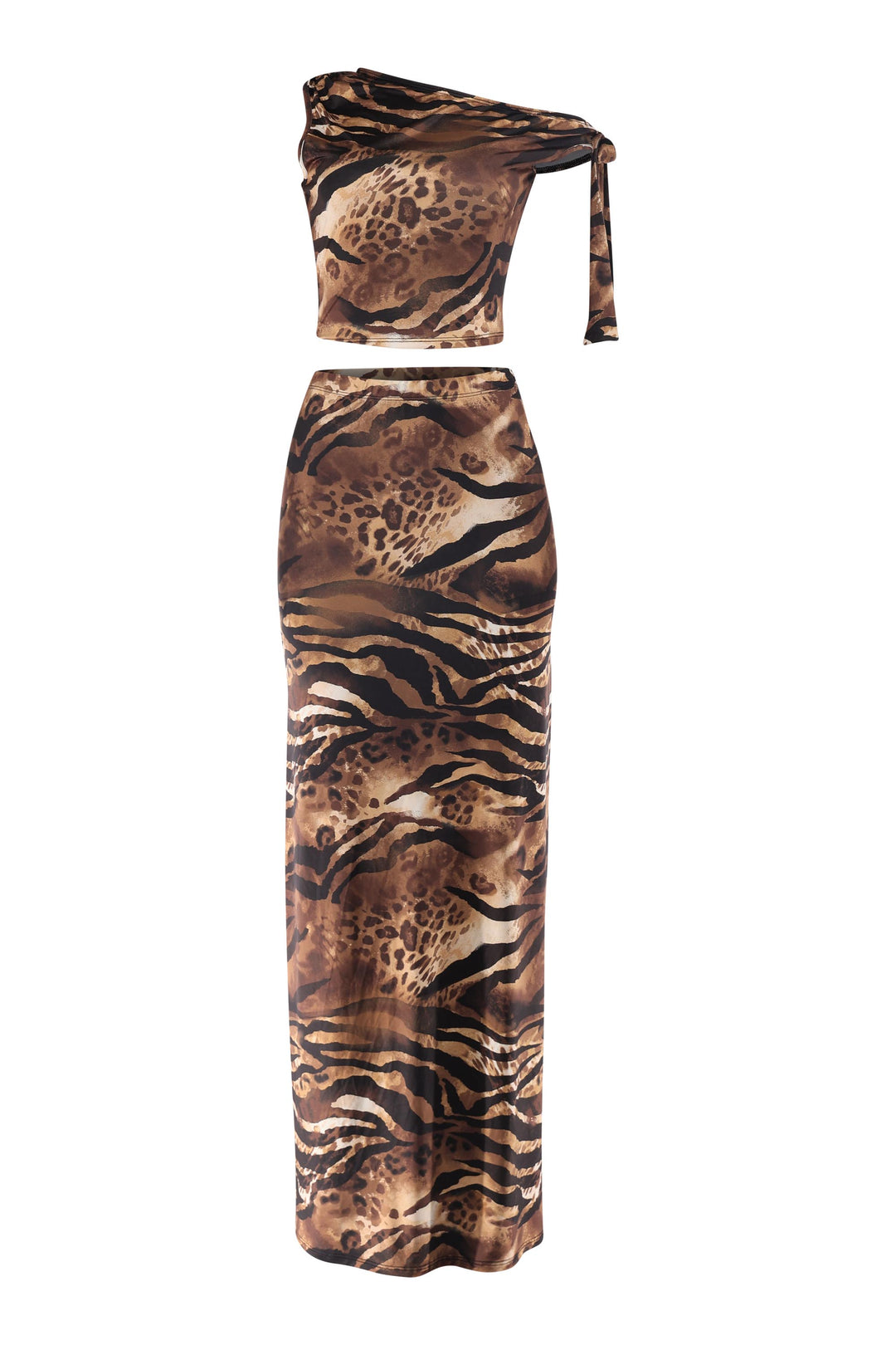 Two-piece animal print outfit with a top and pencil skirt on a white background