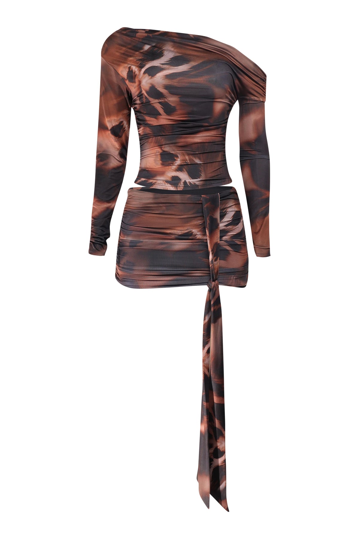 Tortoiseshell patterned dress with long sleeves and a skirt on a white background