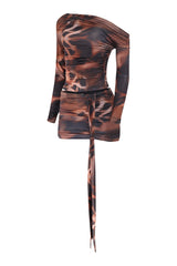 One-shoulder dress with a long, thin train in brown and black pattern on a white background