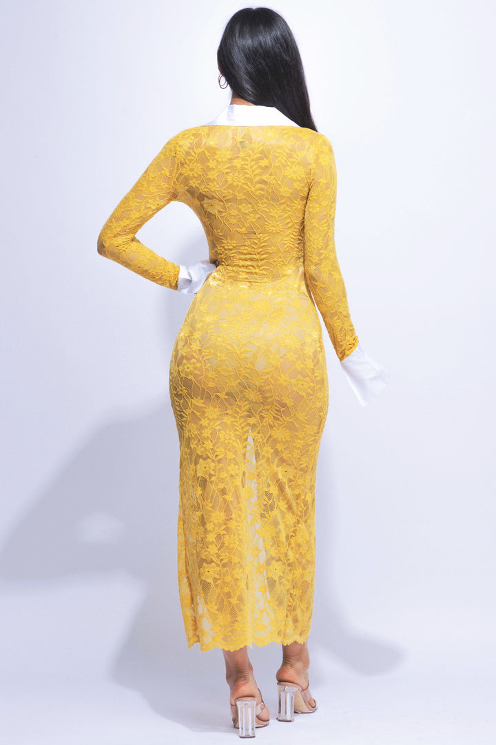 Accent Collared lace maxi dress with slit