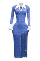 Accent Collared lace maxi dress with slit