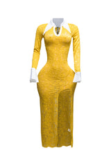 Accent Collared lace maxi dress with slit