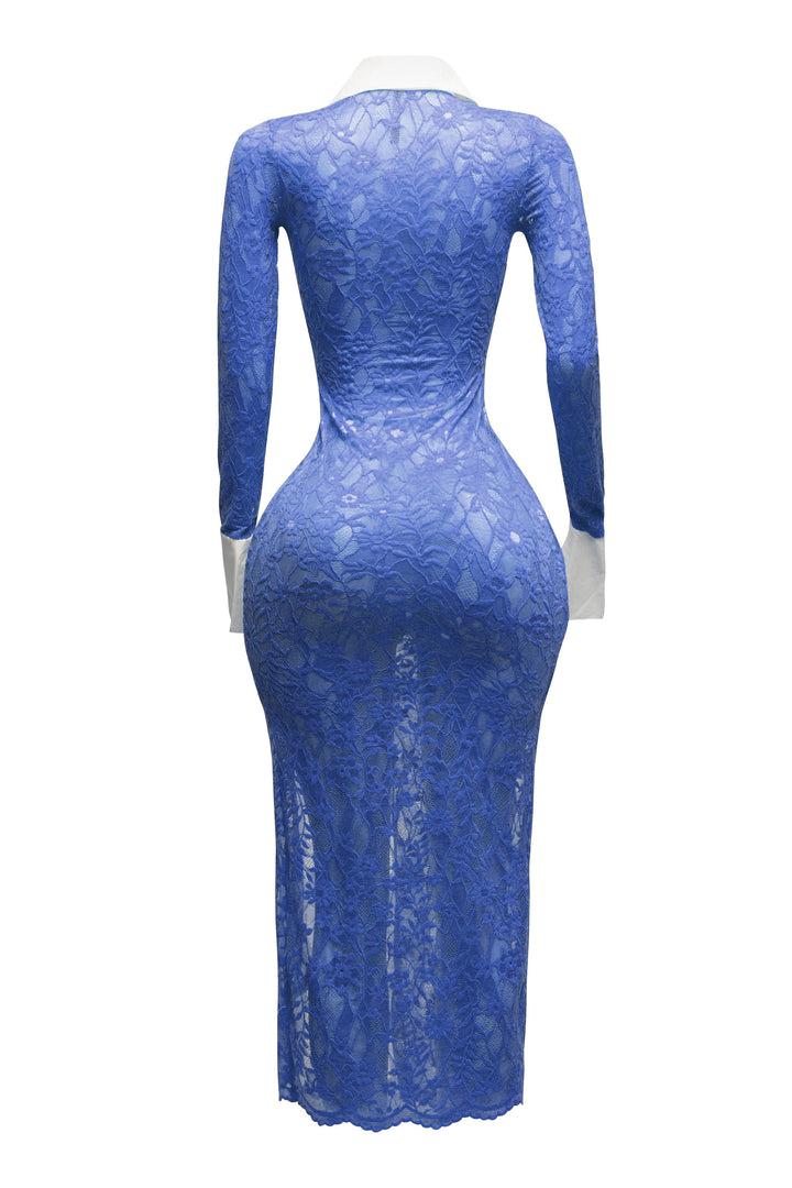 Accent Collared lace maxi dress with slit